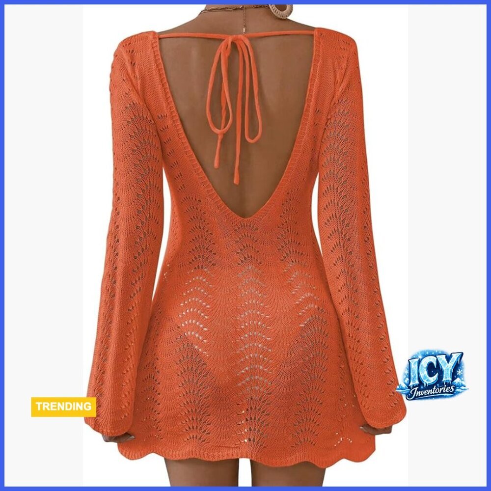 Long Sleeve Crochet Mesh Backless Swimsuit Cover Up